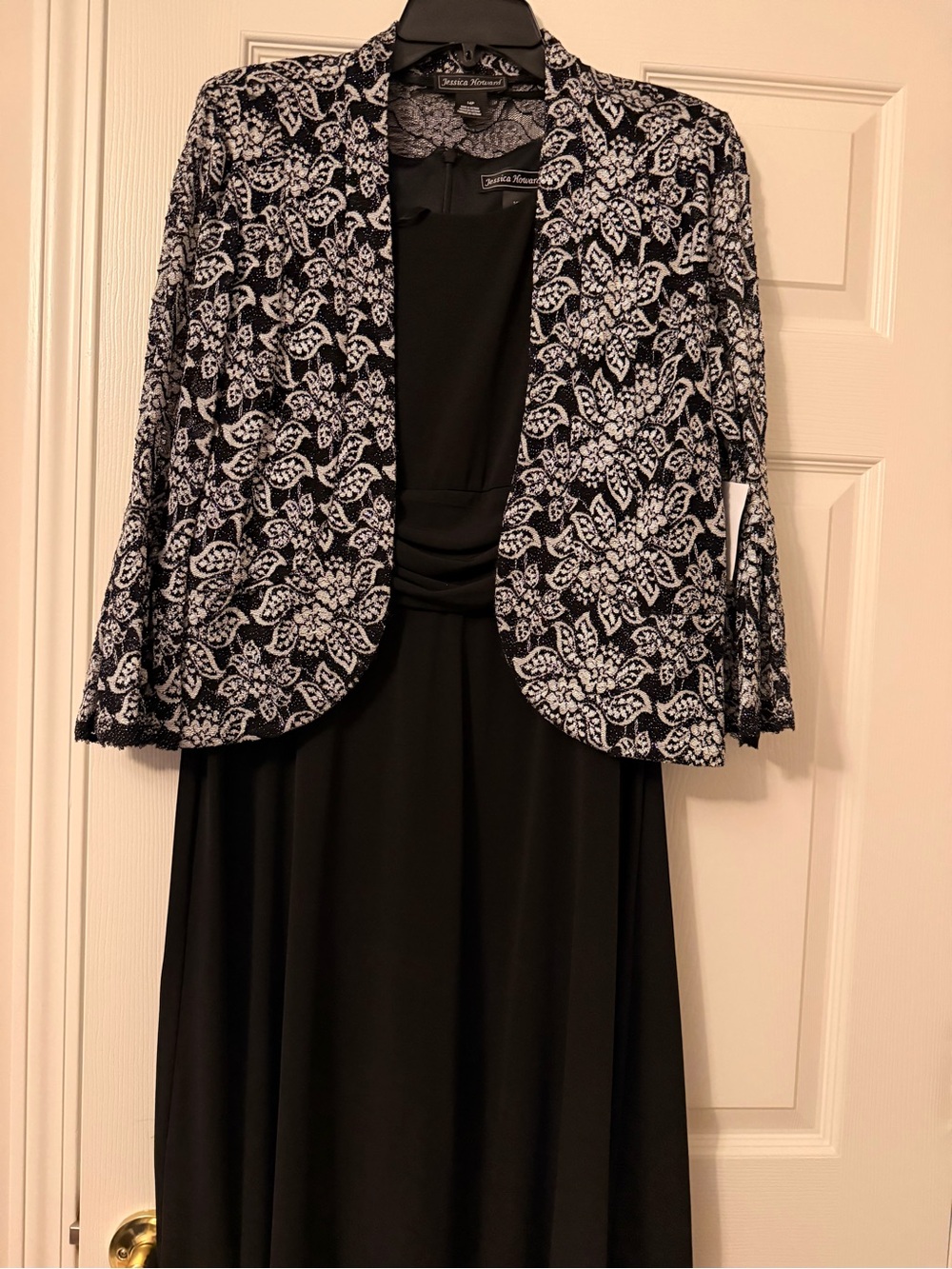 Jessica Howard Black Dress with Black & White Lace-Patterned Jacket